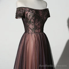 Unique Black and Champagne Tulle Long Party Dress, Senior Prom Dress