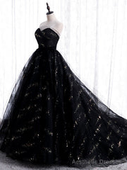 Unique Black Tulle Sequins Strapless Prom Dress