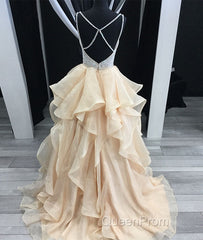Unique champagne tulle sequin long Evening Prom Dresses, champagne evening Dresses