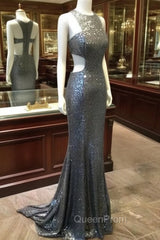 Unique Gray Sequin Mermaid Long Evening Prom Dresses, Gray Evening Dresses