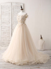 Unique  Lace Applique Tulle Long Champagne Prom Dresses Sweet 16 Dress