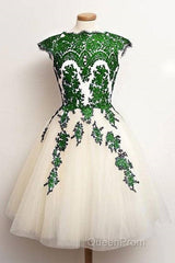 Unique Lace Tulle Short Evening Prom Dresses, Lace Bridesmaid Dresses