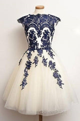 Unique Lace Tulle Short Evening Prom Dresses, Lace Bridesmaid Dresses