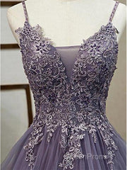 Unique Long Tulle Spaghetti Straps Evening Prom Dresses Evening Dresses With Lace Applique,