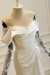 Unique Mermaid Off The Shoulder Pleats Satin Long Sleeves Wedding Dresses Brides Dresses