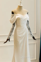 Unique Mermaid Off The Shoulder Pleats Satin Long Sleeves Wedding Dresses Brides Dresses