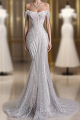 Unique Mermaid Off The Shoulder Sequin Short Sleeves White Wedding Dresses Brides Dresses