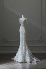 Unique Mermaid Square Neckline Short Sleeves Wedding Dresses White Brides Dresses