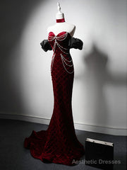 Unique Mermaid Velvet Burgundy Long Prom Dress, Burgundy Long Evening Dress