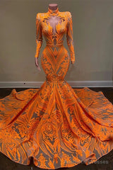 Unique Orange Long Sleeves Mermaid Prom Dress Sequins