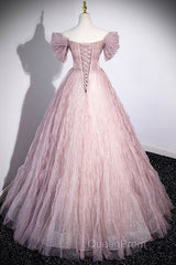 Unique Powder Blusher Pink Glitter Sequins Off Shoulder Rhinestone Applique Short Sleeve Evening Prom Dresses Powder Blusher Pink A-Line Princess Backless Strap Long Evening Dresses