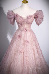 Unique Powder Blusher Pink Glitter Sequins Off Shoulder Rhinestone Applique Short Sleeve Evening Prom Dresses Powder Blusher Pink A-Line Princess Backless Strap Long Evening Dresses