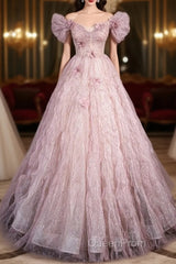 Unique Powder Blusher Pink Glitter Sequins Off Shoulder Rhinestone Applique Short Sleeve Evening Prom Dresses Powder Blusher Pink A-Line Princess Backless Strap Long Evening Dresses