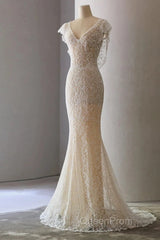 Unique Sheath V Neckline Cap Sleeves Lace Ivory Wedding Dresses