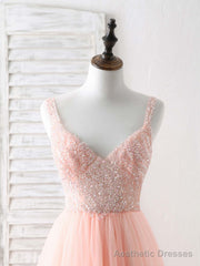 Unique Tulle Beads Long Prom Dress, Tulle Evening Dress