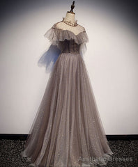 Unique Tulle Long Prom Dress, Tulle Gray Evening Dress
