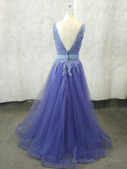 Unique V Neck Tulle Lace Applique Long Prom Dress, Tulle Evening Dress