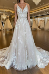 Unique v neck tulle lace long Evening Prom Dresses, lace wedding Dresses