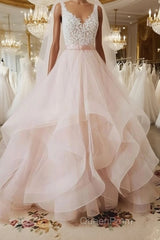 Unique v neck tulle lace long Evening Prom Dresses, tulle wedding Dresses