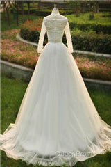 V-Neck A-Line Floor Length Tulle Wedding Dresses With Beading Long Sleeves