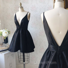 V Neck and V Back Black Satin Short Evening Prom Homecoming Dresses, V Neck Black Formal Graduation Evening Dresses, Black Cocktail Dresses