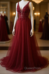 V Neck and V Back Burgundy Lace Long Evening Prom Dresses, Open Back Burgundy Formal Dresses, Burgundy Lace Evening Dresses