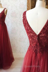 V Neck and V Back Burgundy Lace Long Evening Prom Dresses, Open Back Burgundy Formal Dresses, Burgundy Lace Evening Dresses