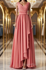 V Neck and V Back High Low Coral Chiffon Long Evening Prom Dresses, Long Coral Formal Evening Bridesmaid Dresses with Slit