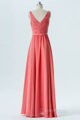 V Neck and V Back High Low Coral Chiffon Long Evening Prom Dresses, Long Coral Formal Evening Bridesmaid Dresses with Slit