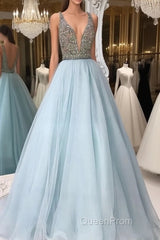 V Neck And V Back Sequin Tulle Long Blue Evening Prom Dresses, Blue Evening Dresses