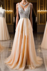 V Neck And V Back Sequins Chiffon Evening Prom Dresses, Long Formal Dresses, Evening Dresses