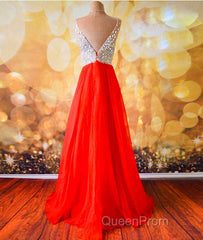 V Neck And V Back Sequins Chiffon Red Evening Prom Dresses, Long Red Formal Dresses, Evening Dresses