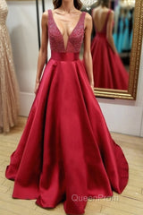 V Neck and V Neck Sequins Burgundy Long Evening Prom Dresses, V Neck Burgundy Formal Graduation Evening Dresses