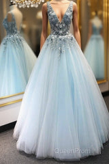 V Neck Appliques Blue Lace Long Evening Prom Dresses, Floral Blue Lace Formal Dresses, Lace Blue Evening Dresses, Ball Gown