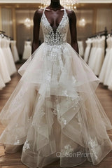 V Neck Backless Light Champagne Lace Wedding Dresses, Open Back Champagne Lace Formal Evening Prom Dresses