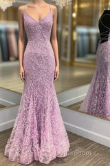 V Neck Backless Mermaid Purple Lace Long Evening Prom Dresses, Mermaid Purple Formal Dresses, Purple Lace Evening Dresses