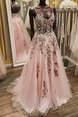 V Neck Backless Pink Lace Long Evening Prom Dresses, Long Pink Lace Formal Evening Dresses