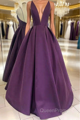 V Neck Backless Purple Satin Long Evening Prom Dresses, Backless Purple Formal Dresses, Purple Evening Dresses