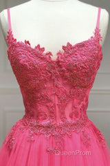 V Neck Beaded Hot Pink Lace Tulle Long Evening Prom Dresses, Hot Pink Lace Formal Dresses, Hot Pink Evening Dresses