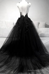 V Neck Black Lace Prom Dresses, Black V Neck Lace Formal Graduation Dresses
