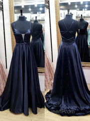 V Neck Black Satin Long Evening Prom Dresses, Black V Neck Long Satin Formal Evening Dresses