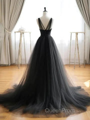 V Neck Black Tulle A Line Evening Prom Dresses