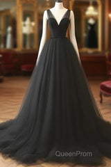 V Neck Black Tulle A Line Evening Prom Dresses
