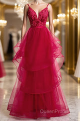 V Neck Burgundy Lace Evening Prom Dresses, Wine Red Lace Formal Evening Graduation Dresses