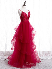 V Neck Burgundy Lace Evening Prom Dresses, Wine Red Lace Formal Evening Graduation Dresses