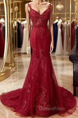 V Neck Burgundy Mermaid Lace Evening Prom Dresses, Wine Red Mermaid Lace Formal Bridesmaid Dresses