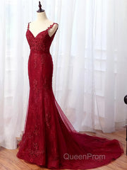 V Neck Burgundy Mermaid Lace Evening Prom Dresses, Wine Red Mermaid Lace Formal Bridesmaid Dresses