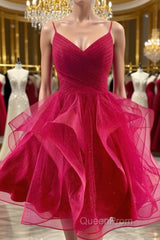 V Neck Burgundy Tulle Short Evening Prom Dresses, V Neck Burgundy Homecoming Dresses, Burgundy Graduation Formal Evening Dresses