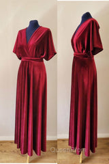 V-Neck Burgundy Velvet Long Bridesmaid Dresses