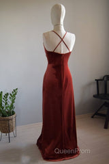V-Neck Copper Velvet Long Bridesmaid Dresses With Strap Back